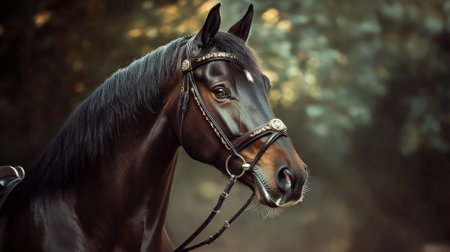 Portrait of a handsome fashionable horse. The horse is adorned with a classy bridle and a decorative mane accessory, exuding elegance and style.の素材