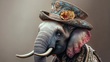 Portrait of a handsome fashionable elephant. The elephant is adorned with a stylish hat and a decorative harness, looking majestic and fashionable.の素材