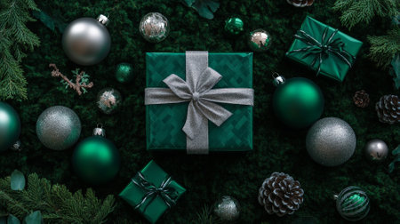 Overhead shot of lavish gift boxes wrapped in emerald green and silver, surrounded by opulent tree ornaments, on a dark moss backdrop with space for messages. The setup is rich and elegant.の素材