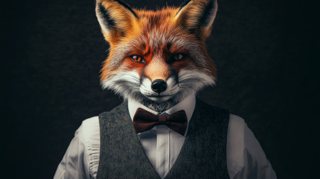 Portrait of a handsome fashionable fox. The fox is wearing a sleek vest and a bow tie, striking a confident and stylish pose.の素材