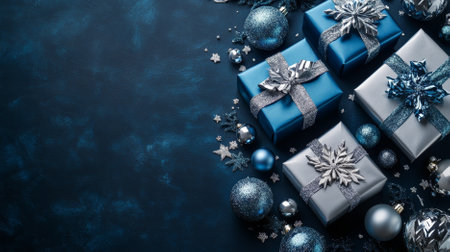 Overhead shot of elegant gift boxes wrapped in silver and blue, surrounded by opulent tree ornaments, on a dark midnight blue backdrop with space for messages. The setup is luxurious and festive.の素材