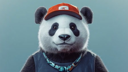 Portrait of a handsome fashionable panda. The panda is wearing a cool baseball cap and a funky necklace, showcasing a fun and stylish look.の素材