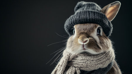 Portrait of a handsome fashionable rabbit. The rabbit is dressed in a trendy hat and a small scarf, looking adorable and sophisticated.の素材