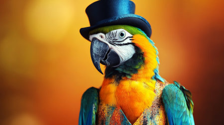 Portrait of a handsome fashionable parrot. The parrot is decked out in a miniature top hat and a colorful vest, looking vibrant and dapper.の素材