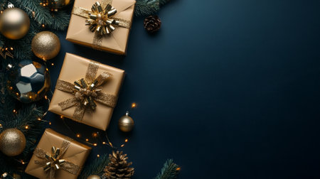 Overhead shot of elegant gift boxes wrapped in gold foil, adorned with extravagant tree ornaments, on a dark navy blue backdrop with space for messages. The luxurious setup creates a festive and sophisticated atmosphere.の素材