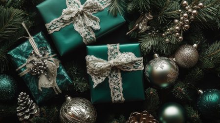 Top view of luxurious gift packages in emerald green and silver, tied with delicate lace ribbons, amidst a collection of high-end tree trimmings and glittering ornaments. The scene is rich and festive.の素材