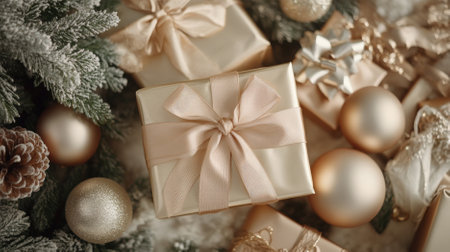 Top view of beautifully wrapped gift packages in champagne gold, tied with silk ribbons, nestled among exquisite tree trimmings and elegant ornaments. The scene radiates festive luxury.の素材