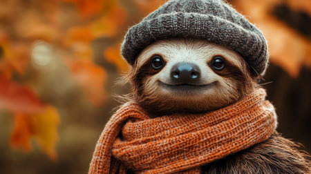 Portrait of a handsome fashionable sloth. The sloth is wearing a trendy hat and a small scarf, looking adorable and sophisticated.の素材