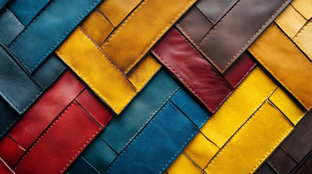 A close-up of colored leather pieces arranged in a zigzag pattern. The pieces include bright yellows, rich browns, deep reds, and cool blues, each with a unique texture.の素材