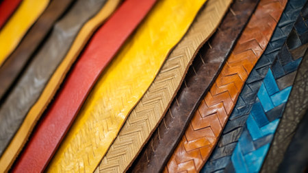 A close-up of colored leather pieces arranged in a zigzag pattern. The pieces include bright yellows, rich browns, deep reds, and cool blues, each with a unique texture.の素材