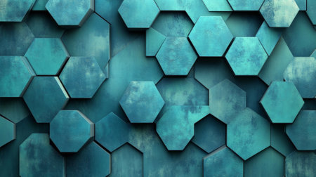 A complex geometric pattern with hexagons in varying shades of blue and green, forming a visually interesting and intricate background.の素材