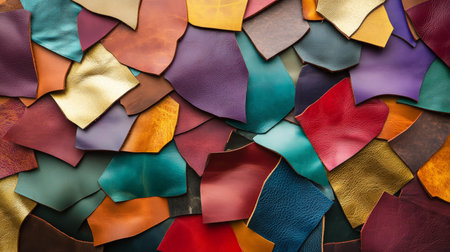 A flat lay of colored leather pieces in a random arrangement. The colors include vibrant hues like red, teal, gold, and purple, with a variety of textures and finishes.の素材