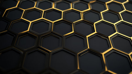 A black background with a gold honeycomb pattern. The geometric gold design adds a touch of modern luxury to the sophisticated black surface.の素材