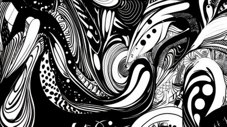A dynamic doodle art header filled with intricate patterns and textures, combining bold shapes and lines in contrasting black and white.の素材