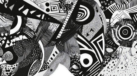 A dynamic doodle art header filled with intricate patterns and textures, combining bold shapes and lines in contrasting black and white.の素材