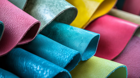 A detailed view of colored leather pieces in various shapes and sizes. The collection includes vibrant colors like turquoise, magenta, lime green, and silver, showing a variety of textures.の素材