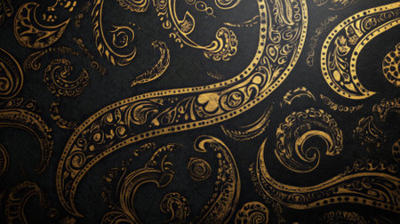 A black background with gold paisley patterns. The rich gold detailing adds a touch of exotic elegance to the sophisticated black surface.の素材