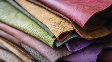 A detailed view of a stack of colored leather pieces. The stack includes shades of purple, green, red, and beige, each piece showing a different texture, from smooth to pebbled.の素材