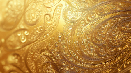 A gold background with paisley patterns. The intricate, exotic design in gold adds a touch of opulence.の素材