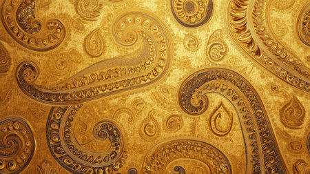 A gold background with paisley patterns. The intricate, exotic design in gold adds a touch of opulence.の素材