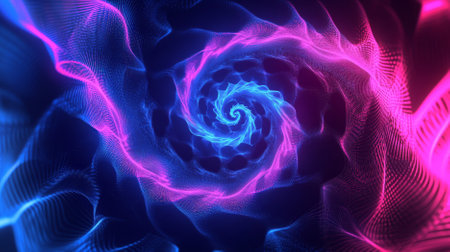 A bold and vibrant abstract background with a spiral sound wave rhythm line in neon pink and blue, forming a striking and energetic pattern.の素材