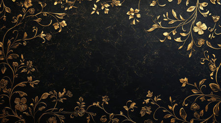 A luxurious black background with intricate gold floral patterns. The rich gold detailing adds a touch of elegance and opulence to the dark, matte surface.の素材