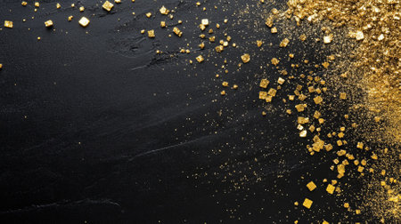 A matte black background with gold glitter accents. The scattered gold glitter adds a touch of sparkle and luxury to the elegant black surface.の素材