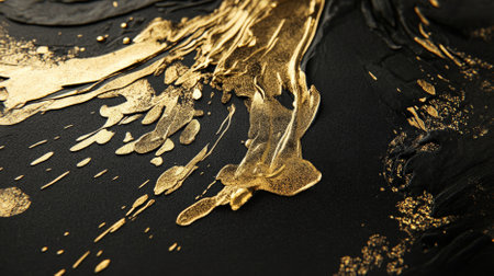 A matte black background with gold foil accents. The shimmering gold elements create a striking contrast against the deep black, evoking a sense of opulence and elegance.の素材