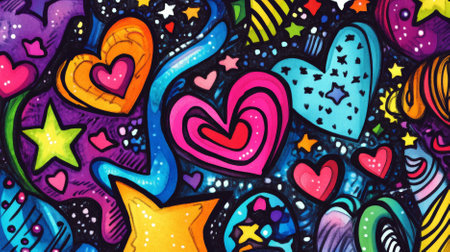 A playful doodle art header showing different shapes and textures, including hearts, stars, and swirls, in bright, bold colors.の素材