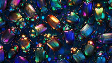 A pattern of colorful beetles with metallic sheens in shades of blue, green, and purple, forming an intriguing and vibrant background.の素材