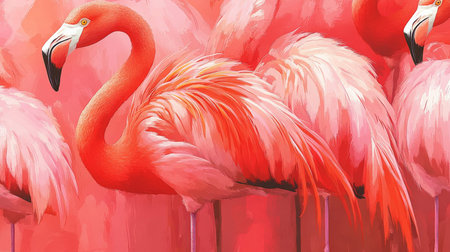 A pattern of vibrant flamingos standing in water, with feathers in shades of pink and coral, creating a lively and tropical background.の素材