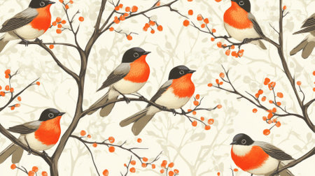 A pattern of vibrant robins with red breasts, perched on branches, creating a cheerful and lively atmosphere against a spring backdrop.の素材