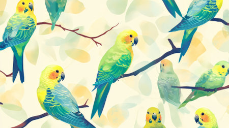 A pattern of colorful parakeets with feathers in shades of green, blue, and yellow, perched on branches, creating a cheerful and lively background.の素材