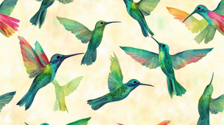 A pattern of delicate hummingbirds with feathers in shades of turquoise, green, and pink, hovering against a sunny backdrop, creating a lively and dynamic atmosphere.の素材