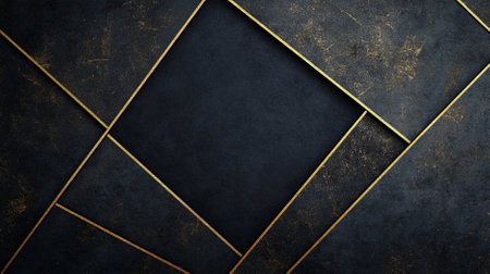 A sleek black background with gold geometric shapes. The minimalist design features sharp, clean lines in shimmering gold, creating a sophisticated and modern look.の素材