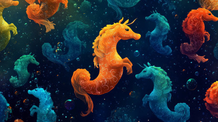 A pattern of colorful sea horses with delicate bodies in shades of orange, blue, and green, floating in an underwater backdrop, creating a whimsical and enchanting background.の素材