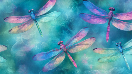 A pattern of vibrant dragonflies with iridescent wings in shades of blue, green, and pink, creating an enchanting and whimsical background.の素材