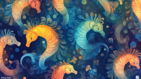 A pattern of colorful sea horses with delicate bodies in shades of orange, blue, and green, floating in an underwater backdrop, creating a whimsical and enchanting background.の素材