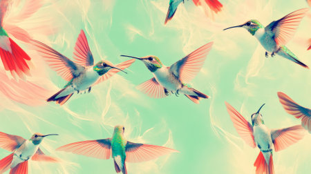 A pattern of delicate hummingbirds with feathers in shades of turquoise, green, and pink, hovering against a sunny backdrop, creating a lively and dynamic atmosphere.の素材