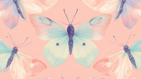 A pattern of delicate moths with wings in soft pastel colors like lavender, pink, and mint, creating a serene and enchanting background.の素材