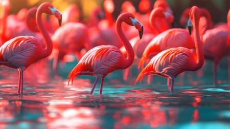 A pattern of vibrant flamingos standing in water, with feathers in shades of pink and coral, creating a lively and tropical background.の素材