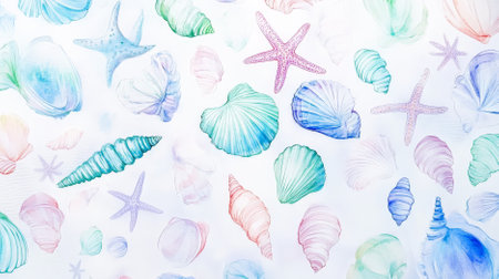 A whimsical watercolor artwork featuring seashells and starfishes in pastel hues of blue, green, and pink, scattered across a white background.の素材
