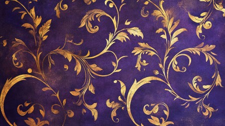 A rich purple background with intricate gold leaf patterns. The combination of royal purple and shimmering gold creates an opulent and elegant design.の素材