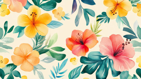 A seamless watercolor floral pattern showing tropical flowers and leaves in bright, cheerful colors, set against a light, neutral background.の素材