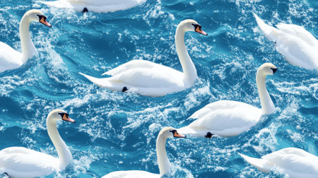 A pattern of elegant swans with white feathers, gliding gracefully on a blue water backdrop, creating a serene and beautiful atmosphere.の素材