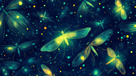 A pattern of vibrant fireflies glowing in the dark, with their bodies illuminating in shades of yellow, green, and blue, creating a magical and captivating background.の素材