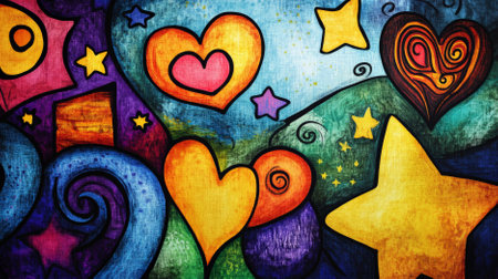 A whimsical doodle art header featuring a variety of shapes and textures, including hearts, stars, and swirls, in a colorful, hand-drawn style.の素材