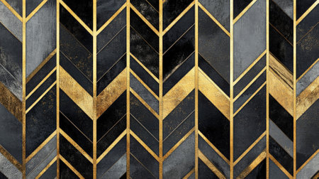 A striking geometric pattern with chevron lines in bold black and gold, creating a luxurious and eye-catching design.の素材
