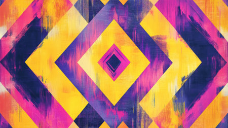 A vibrant geometric pattern with diamond shapes in bright shades of yellow, purple, and pink, creating a lively and energetic design.の素材