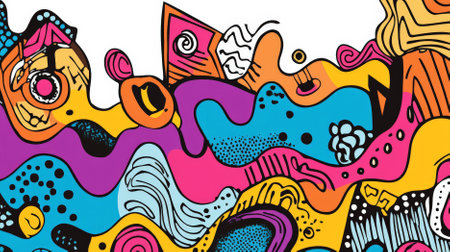 Creative doodle art header featuring a variety of whimsical shapes and textures, including swirls, zigzags, and dots, all in vibrant colors against a white background.の素材